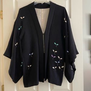 Vintage Handmade Mixed Fabric Black Kimono Style  Jacket Womens L